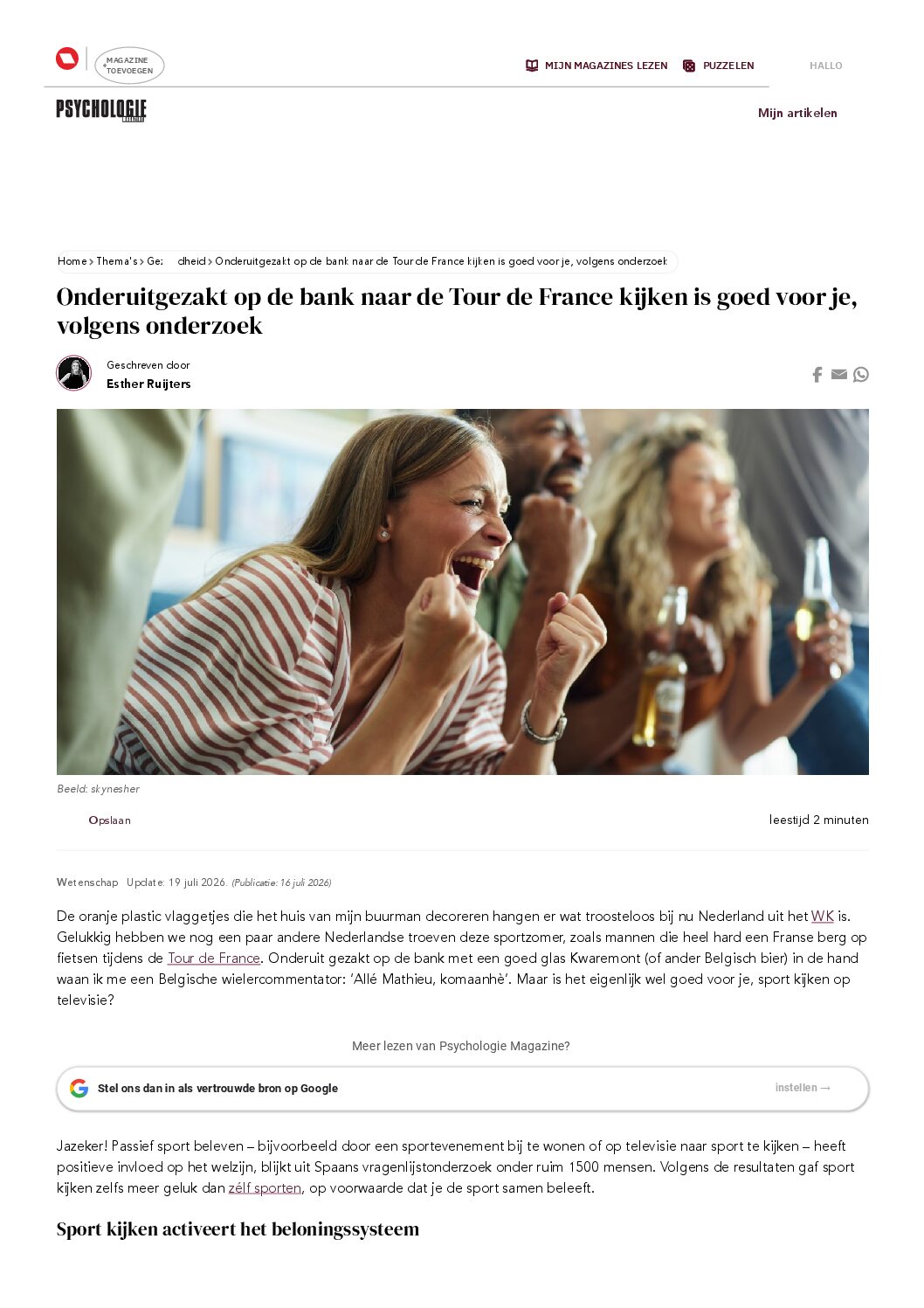 Onderuitgezakt op de bank naar de Tour de France kijken is goed voor je, volgens onderzoek